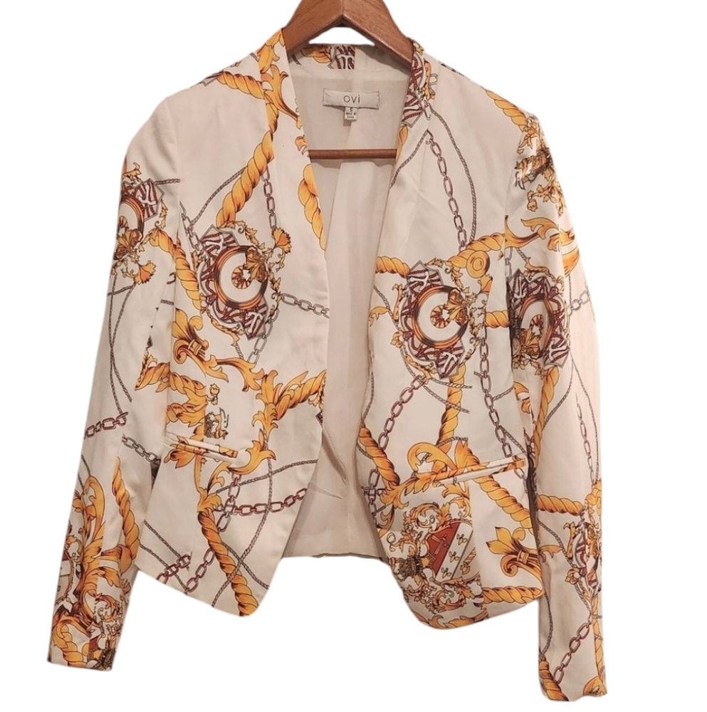 Ovi Cream & Gold Chain Print Open-Front Blazer Small